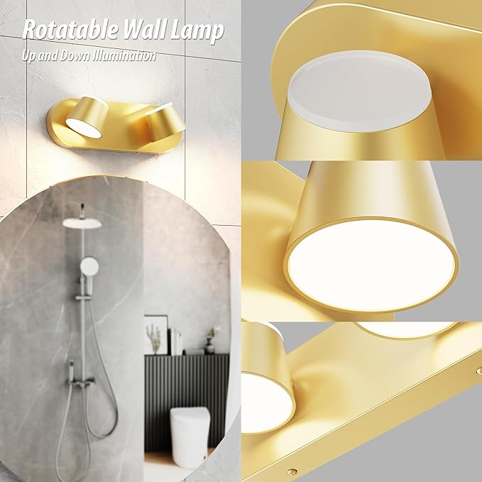 URSOLA 2 Light Bathroom Vanity Light, LED Gold Wall Light Fixtures, Up and Down Rotatable Dimmable, 13 inch Bathroom Lighting Fixtures Over Mirror