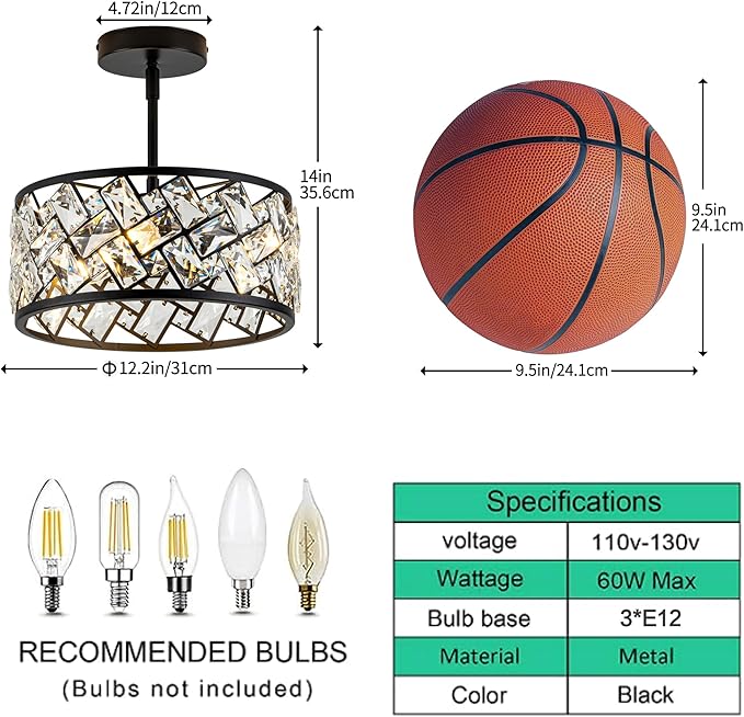 3-Light Crystal Ceiling Light Fixture, Modern Semi Flush Mount Ceiling Light, Black Crystal Chandelier for Kitchen Bedroom Bathroom Entryway Hallway