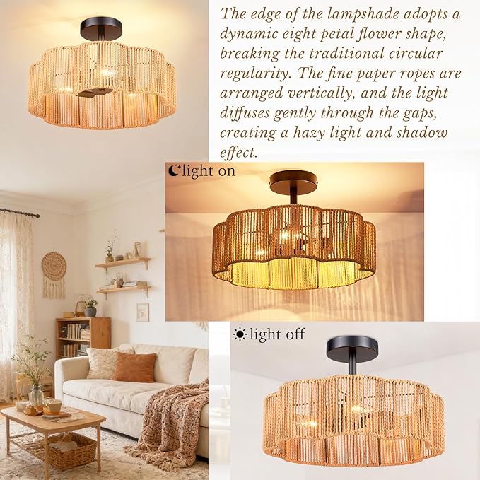 Hamilyeah 16 Inch Boho Semi Flush Mount Ceiling Light, Woven Scalloped Shade Ceiling Fixture with 3-Light E12 Base, Black Decorative Ceiling Light for Bedroom, Entryway, Kitchen, Hallway