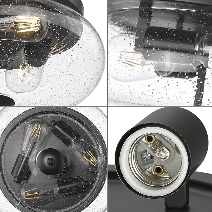 Darkaway Large Ceiling Light Fixtures 3-Ight Flush Mount Indoor Outdoor Ceiling Light with Seeded Glass Shade for Hallway Kitchen Bedroom Porch Living Room Dining Room Black Finish