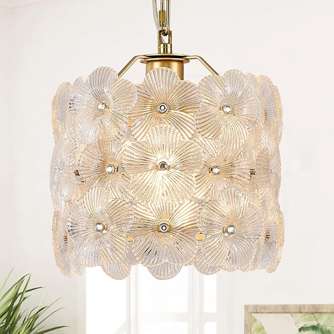 Gold Glass Pendant Light 1-Pack Modern Flower Small Ceiling Pendant Lighting 1-Light for Kitchen Island Sink Dining Room Bedroom Entryway Hallway, E26