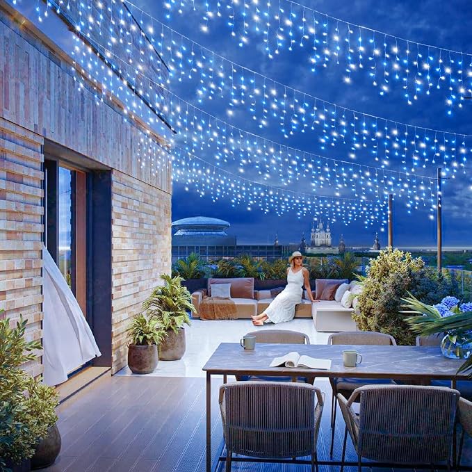 132ft Icicle Lights for Outside, Blue and White Christmas Lights Outdoor Indoor, 1280 LED Twinkle String Light with 240 Drops Curtain Light for Thanksgiving Room Home Wall Bedroom Window Decoration