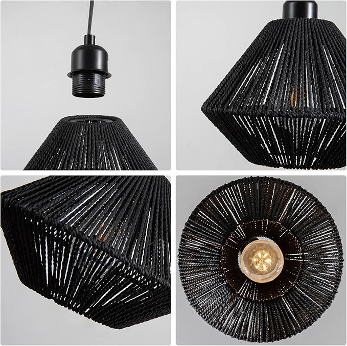 Black Woven Plug in Pendant Light Fixture, 9.65’’ Rustic Farmhouse Pendant Hanging Light with Plug in Cord & On/Off Switch for Kitchen Island Living Dining Room Bedroom Foyer
