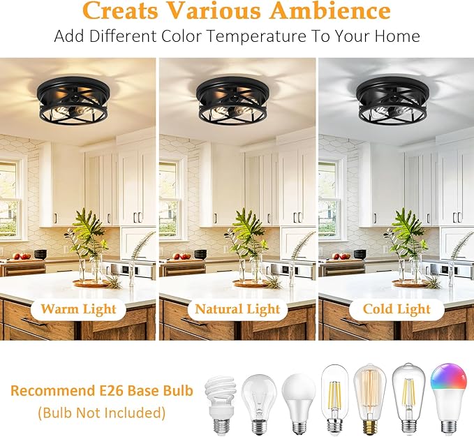 2-Light Flush Mount Ceiling Light Fixture, Farmhouse Ceiling Lights for Kitchen, Modern Black Close to Ceiling Light for Hallway Bedroom Balcony Porch Stairway, E26, (2 Pack)