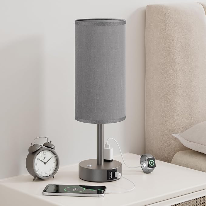 Touch Bedside Table Lamp with Memory - Stepless Dimmable Lamp for Bedroom, Small Nightstand Lamp with Dual USB Charging Ports and AC Outlet, Wood Night Light, Deak Lamp for Nursery (Grey & Grey)