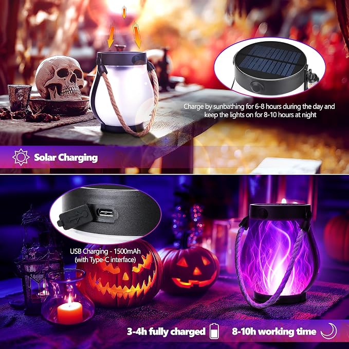 iBaycon 2 Pack Gen2 Solar Lantern Lights USB Halloween Flame Lamp, Purple | Solar Garden Lights with Dual Charging USB & Solar, 2 Modes Outdoor Waterproof Hanging Lantern for Home Halloween Decor