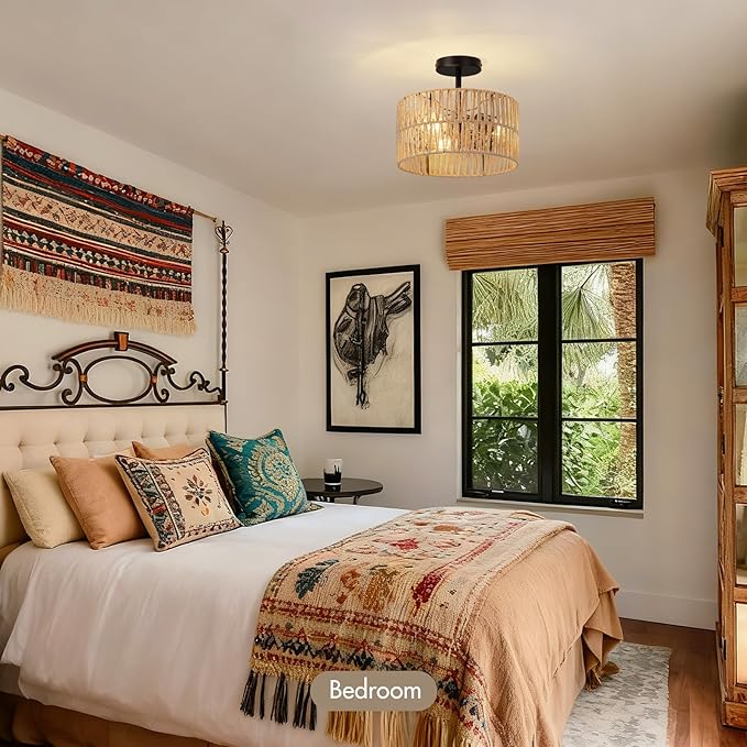 Boho Semi Flush Mount Ceiling Light Fixture Woven Rope Drum Lamp Natural Rattan Lighting for Bedroom Kitchen Hallway Entryway Closet Rustic Farmhouse Modern Bohemian Light Fixtures