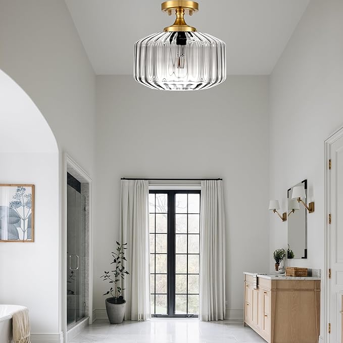 Glass Globe Ceiling Light 2 Pack Dining Room Light Fixture 1-Light Ceiling Lamp Clear Striped Glass Shade Semi Flush Mount Ceiling Light Fixture Farmhouse for Hallway, Kitchen, Entryway