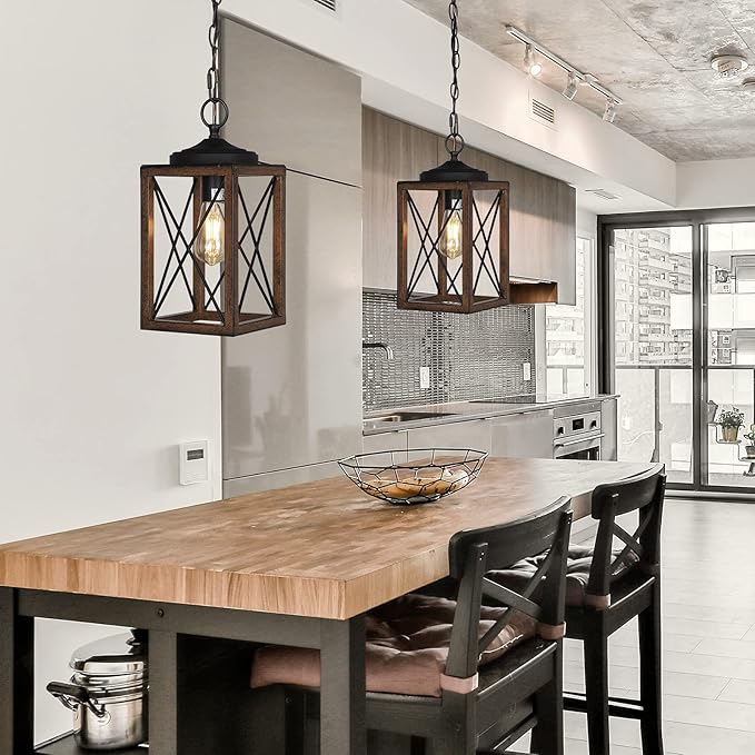 EDISHINE Farmhouse Pendant Light, Metal Hanging Light Fixture with Wooden Grain Finish, 63 Inch Adjustable Chain for Flat and Slop Ceiling, Kitchen Island, Bedroom, Dining Hall, E26 Base, 1 Pack