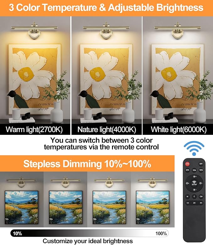 Tassuowell Picture Light for Wall, Battery Operated Art Light, Picture Frame Light with Remote & Timer, Cordless Wall Light with 3 Colors Modes for Pantings, Photo Gallery(Antique Bronze, 15.7inch)