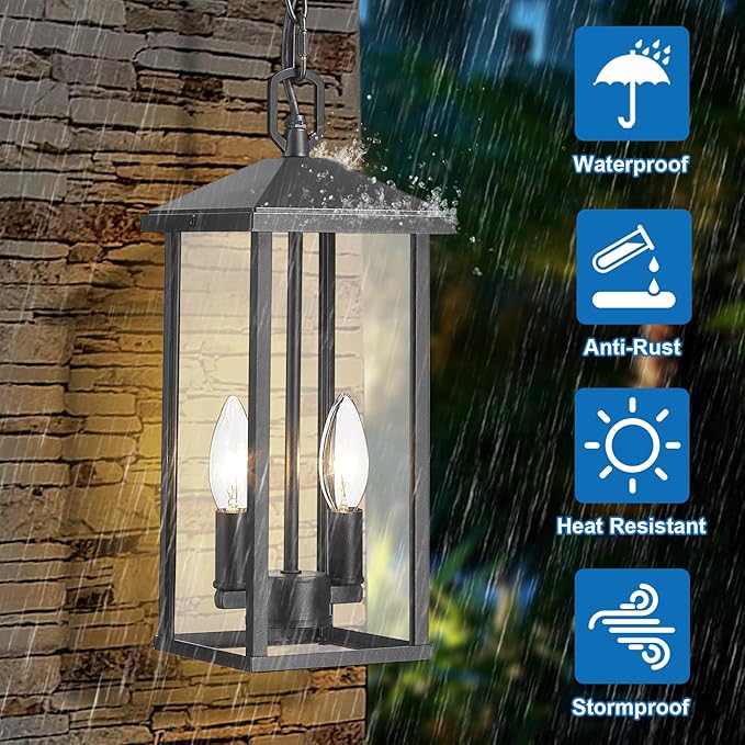 Outdoor Pendant Light for Porch Chandelier Outdoor Pendant Lights 2-Light with Clear Glass, Dusk to Dawn Modern Hanging Porch Lights Exterior Hanging Light Fixture for Patio Gazebo