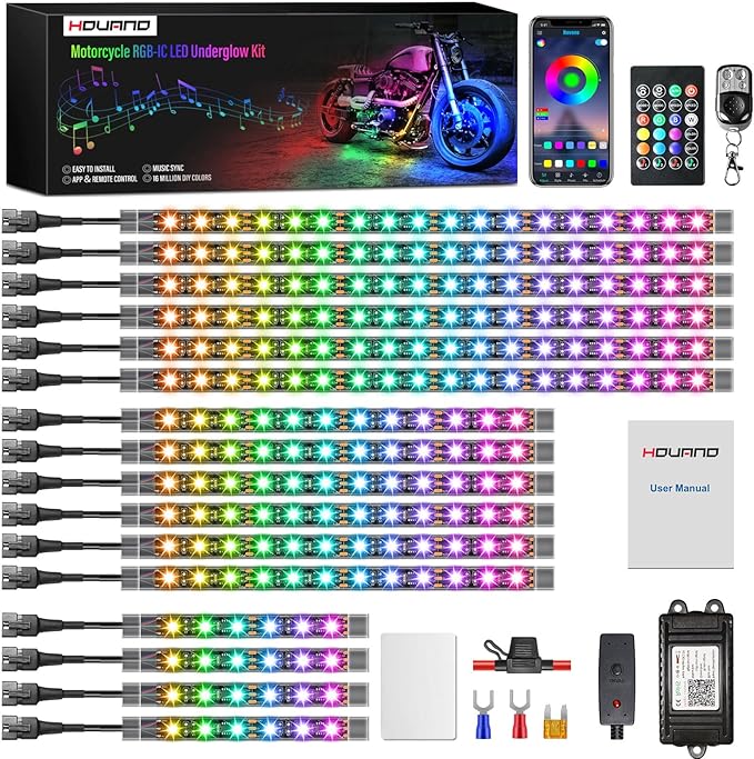 Hovano 16PCS Motorcycle Magic-RGB LED Light Kits with Brake Light Turn Signal, Chasing Motorcycle LED Underglow Kit with APP/IR/RF Remote Control,12V Waterproof Neon Accent Light for Golf ATV UTV