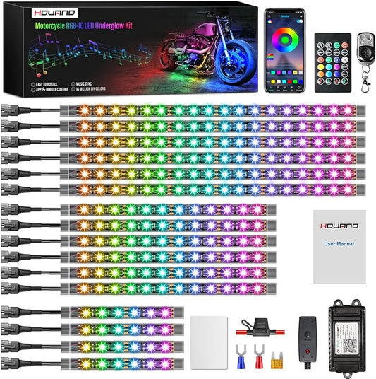 Hovano 16PCS Motorcycle Magic-RGB LED Light Kits with Brake Light Turn Signal, Chasing Motorcycle LED Underglow Kit with APP/IR/RF Remote Control,12V Waterproof Neon Accent Light for Golf ATV UTV