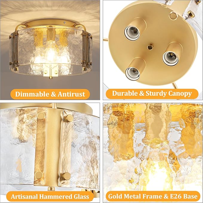 TOULMJ 15'' Modern Gold Semi Flush Mount Ceiling Light, 3-Light Hammered Glass Kitchen Ceiling Lighting Entryway Light Fixtures Ceiling Lamp for Hallway Foyer Bathroom Laundry Dining Room Bedroom