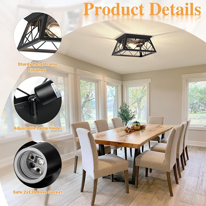 FadimiKoo 2-Light Black Flush Mount Ceiling Light Fixture, Industrial Hallway Light Fixtures Ceiling Mount for Farmhouse Kitchen, Square Cage Ceiling Lamp for Dining Room, Living Room, Entryway