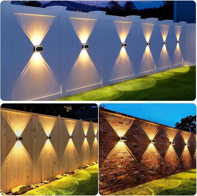Ellasay Solar Fence Lights Outdoor: Waterproof IP65 with Dual LED Up Down Wall Lighting 3 Color Modes Diamond Crystal Cut Design Easy to Install for Garden Backyard Patio 10 Pack