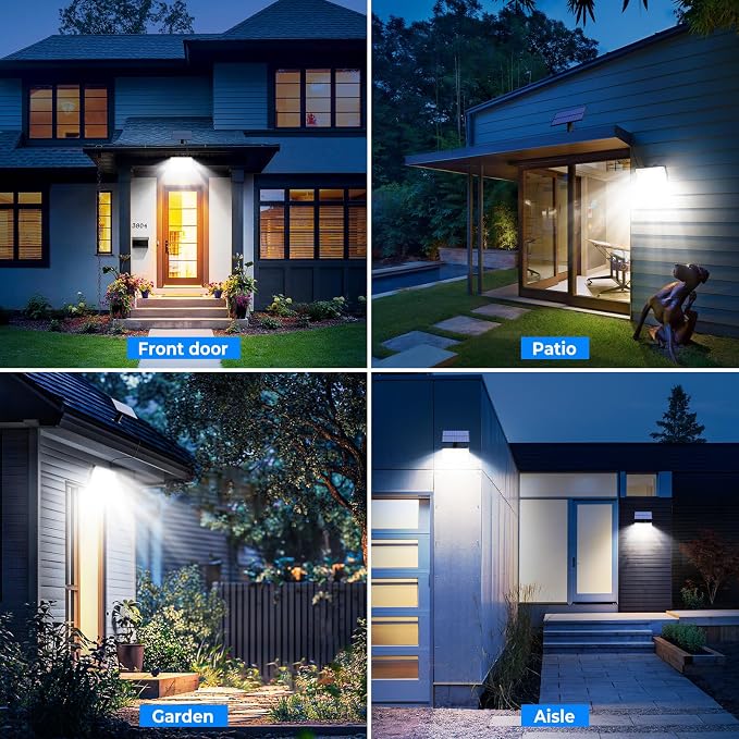 Peasur 2 Pack Solar Motion Lights Outdoor, 318 LED Solar Security Light with 3 Modes, IP65 Waterproof Powered Flood Lights for Outside Patio Garage Yard, (Cool Light,White Frame)