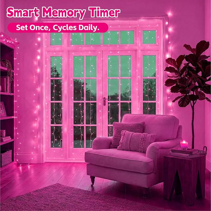 Curtain Light for Bedroom, 200LED 6.6x6.6ft Pink Window Wall Hanging Fairy Curtain String Light, 8 Modes Remote Fairy String Lights Indoor for Wedding Party Home Garden Decorations