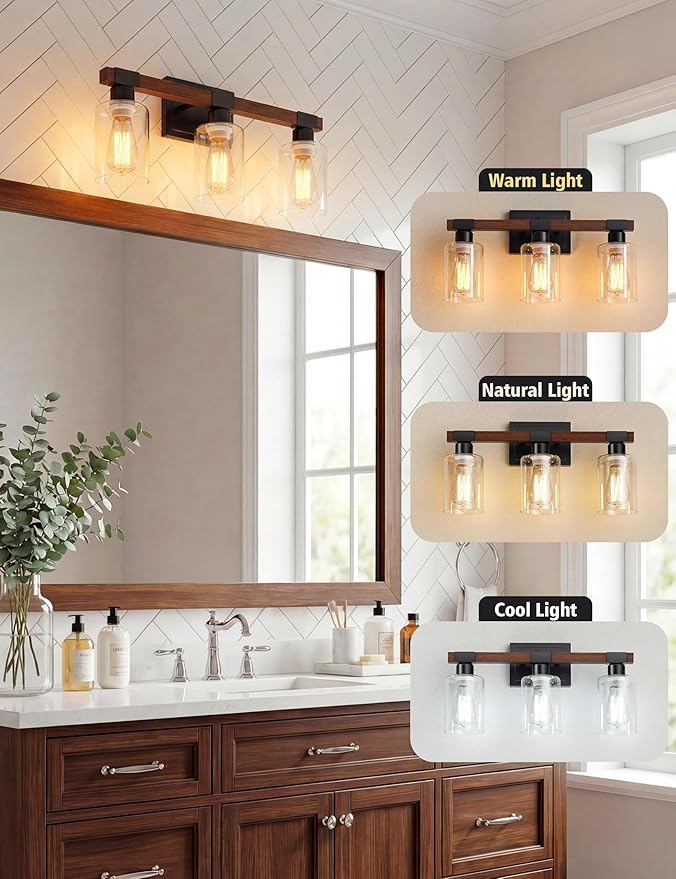 VOLISUN Farmhouse Bathroom Light Fixtures, 3 Light Bathroom Vanity Lights Over Mirror, Rustic Vanity Light for Bathrooms,Wood Bathrooms Lights Fixtures Over Mirror-UL Certificated
