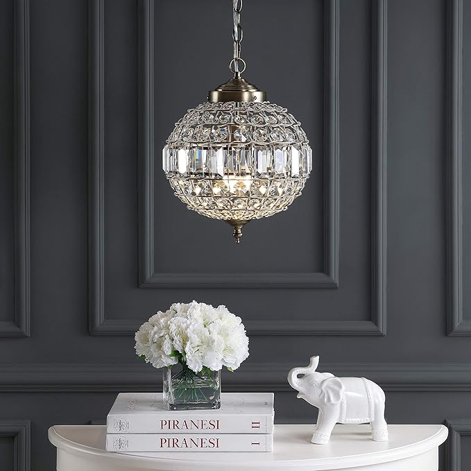 JONATHAN Y 12" Antique Brass Modern Crystal LED Pendant Light for Kitchen, Clear Crystal Shade, Glam Globe Chandelier Hanging Ceiling Lamp for Dining Room Entryway JYL6110A