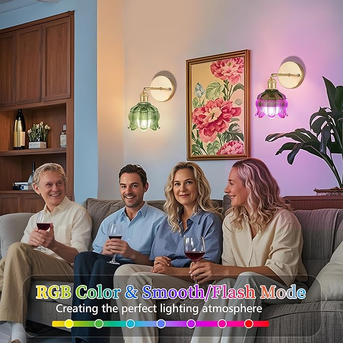 Wireless Wall Sconce with Flower lampshade, Battery Operated Wall Lights,Wall lamp with 15 Colors for Bedroom Living Room Home Decor (Green, 1 Light Battery Operated)