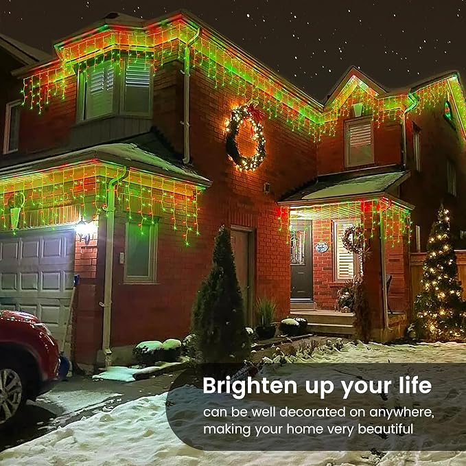 Hopolon 33FT 360 LED Red Green Christmas Icicle Lights,Waterproof Plug in | Outdoor icicle curtain lights with 60 drops, 8 modes, for Christmas, wedding, party, bedroom, garden, wall decor