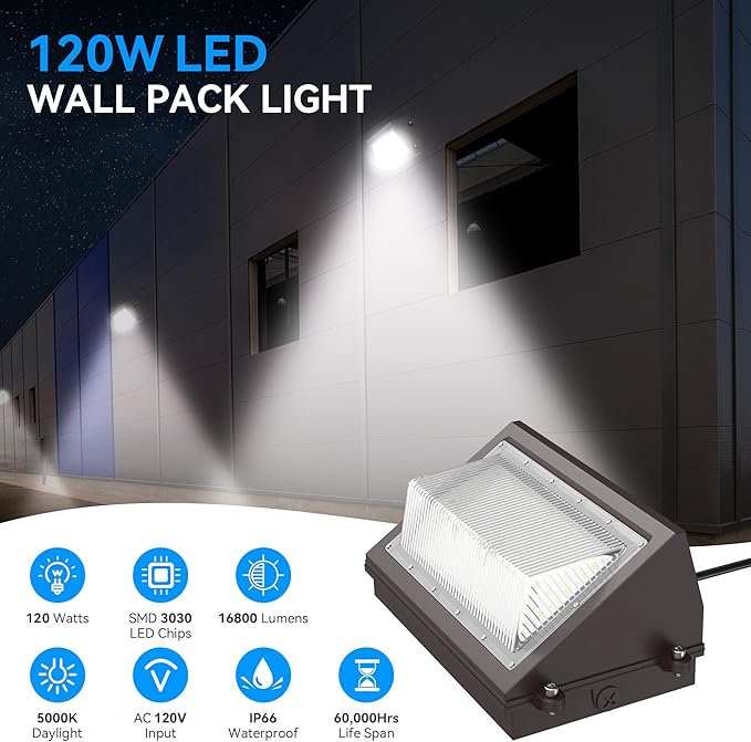 120W LED Wall Pack Light with Dusk-to-Dawn Sensor, 16800LM 5000K LED Security Flood Lighting, 120V Outdoor LED Wall Lights for Parking Lots|Warehouses|Factories|Yard, 2 Pack