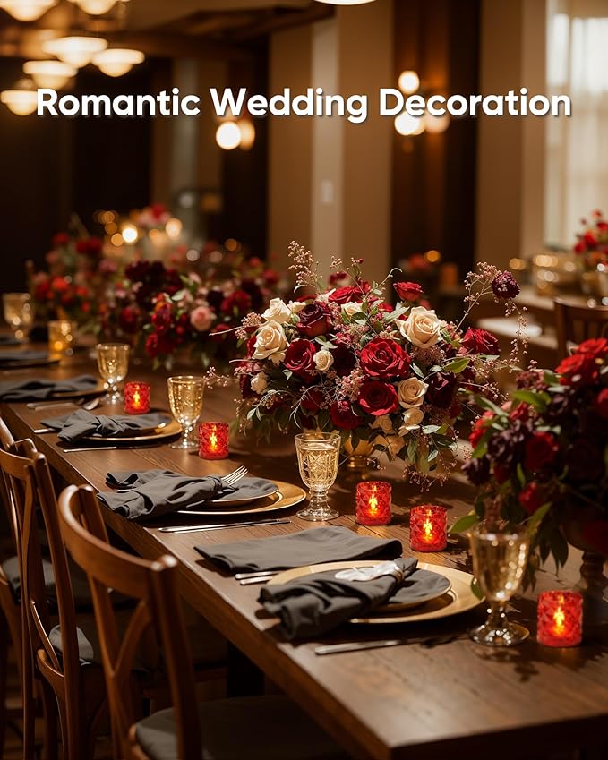 Homemory 2" x 2" Acrylic Votive Candle Holders with Auto Timer Flameless Led Tealight, Battery Powered Fake Electric Candles for Wedding Centerpiece, Table, Christmas Decor (6Pack, Red Base)
