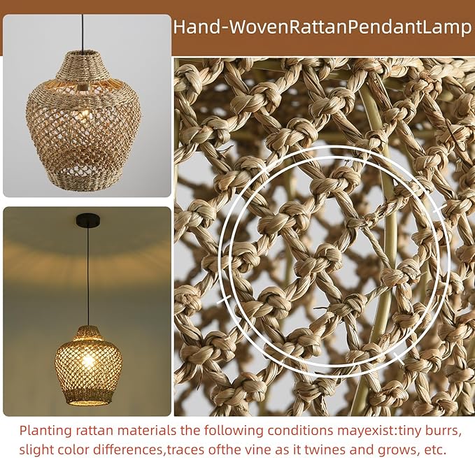 2 Pack Rattan Pendant Light, 11.81” Boho Wicker Hand Woven Hanging Seagrass Lighting Fixture, for Farmhouse Kitchen Bedroom Dining Living, Hallway