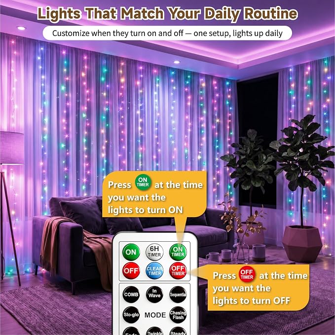 HXWEIYE 300LED Untangled Curtain Lights, 9.8x9.8Ft USB Fairy Twinkle String Lights with Remote and DIY Timer, 8 Modes Window Wall Hanging Light for Bedroom Dorm Backdrop Room Decor, Multicolor