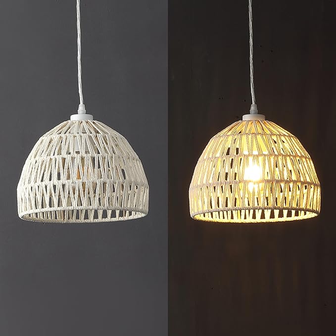 JONATHAN Y 10.25" Cream Modern Bohemian Woven Rope LED Pendant Light Fixture, Adjustable Dome Ceiling Lamp for Kitchen Island, Rope Shade, Coastal Farmhouse Decor (JYL6513C)