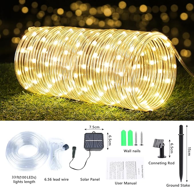 Solar Rope Lights, 2 Pack Total 66ft 200LED Solar String Lights, 8 Modes Waterproof Solar Outdoor Light, Flexible Clear Trampoline Light for Garden Yard Patio Deck Porch Pool Tree Decor - Warm White