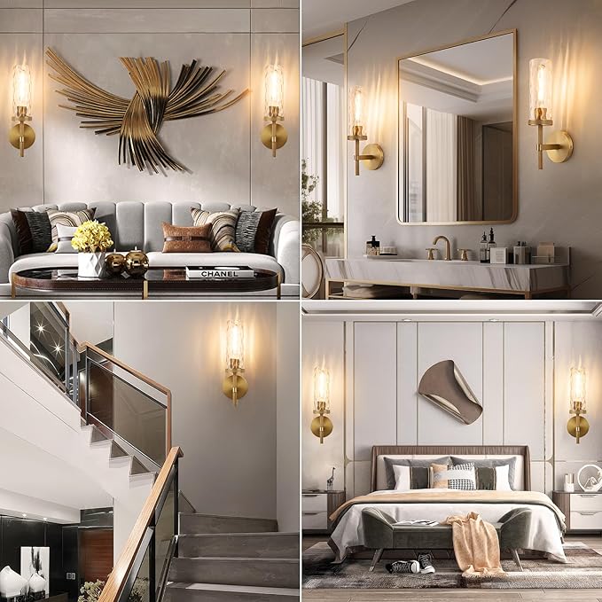 15" Knurled Brass Wall Sconce with Water Ripples Glass Tube, Gold Bathroom Vanity Light Fixtures, Modern Lamp Lighting for Bedroom, Living Room, Hallway, Staircase, Mirror, Kitchen