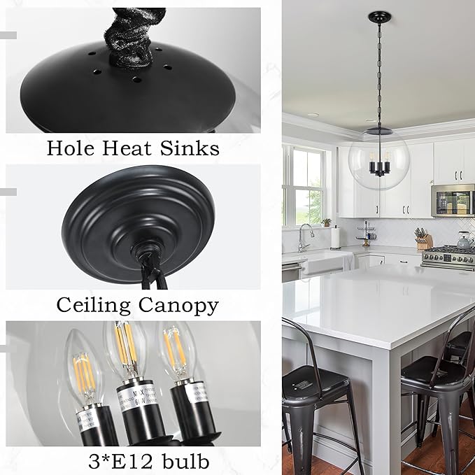 KoKo&Yukina 14" Black Globe Pendant Light Mid Century Pendant Light Clear Glass Pendant Lights Kitchen Island Adjustable Hanging Light Fixture for Dining Room Bedroom Kitchen Island