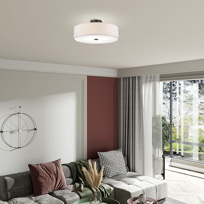 Livex Lighting 52136-92 Meridian Collection 4-Light Transitional Ceiling Mount Fixture with Oatmeal Color Fabric Hardback Shade, English Bronze