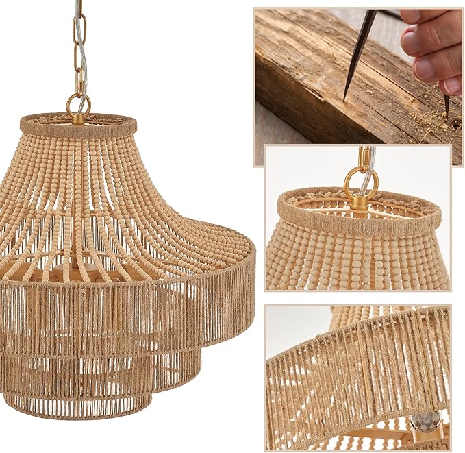 Wood Beaded Rattan Chandelier Boho Hand Woven Pendant Light 6-Lights Adjustable Coastal Pendant Lighting Fixtures for Dining Living Room Kitchen Hallway, Dia 20”, UL Listed
