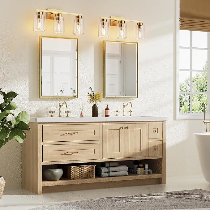 PARTPHONER 3-Light Bathroom Light Fixtures, Brushed Gold Vanity Light with Clear Glass Shade, Modern Wall Sconce for Mirror Bedroom Living Room Hallway Lighting