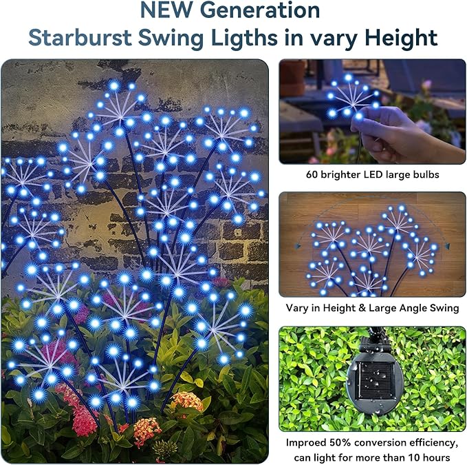 Slyuexu Solar Garden Lights 2 Pack Waterproof Swaying Starburst Light Solar Outdoor Lights for Yard Patio Walkway Pathway Party Wedding Decoration, Unique Gifts for Women, Blue