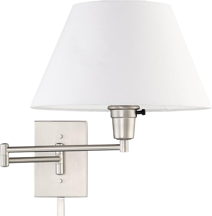 Kira Home Cambridge 15" Modern Swing Arm Wall Sconce with White Empire Fabric Shade, 2-in-1 Plug in or Hardwired Wall Lamp with 3-Way Switch, Satin Nickel Finish