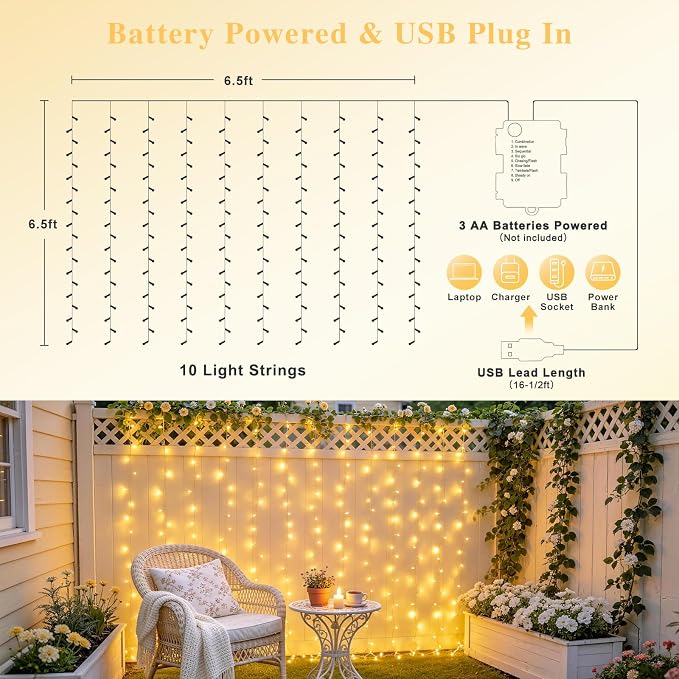 JMEXSUSS 200 LED Curtain Lights Battery Operated & USB Plug in, 8 Modes Warm White Curtain Hanging String Lights Indoor Outdoor for Bedroom Backdrop Wall Dorm Wedding Party Patio Christmas Decorations