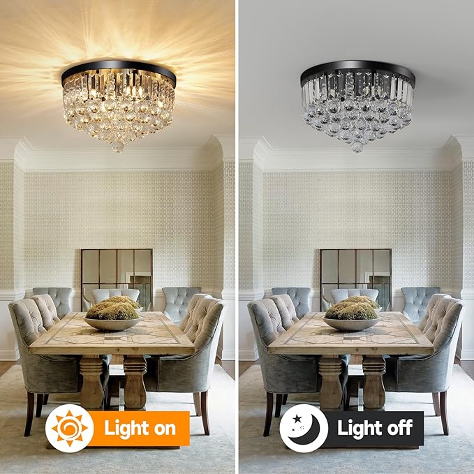 8-Light Modern Crystal Chandelier Black Metal G9 Base Flush Mount Round Light Fixture Ceiling Lamp Farmhouse for Dining Living Room Laundry Foyer Kitchen Balcony Bedroom (H 11''x W 16'')