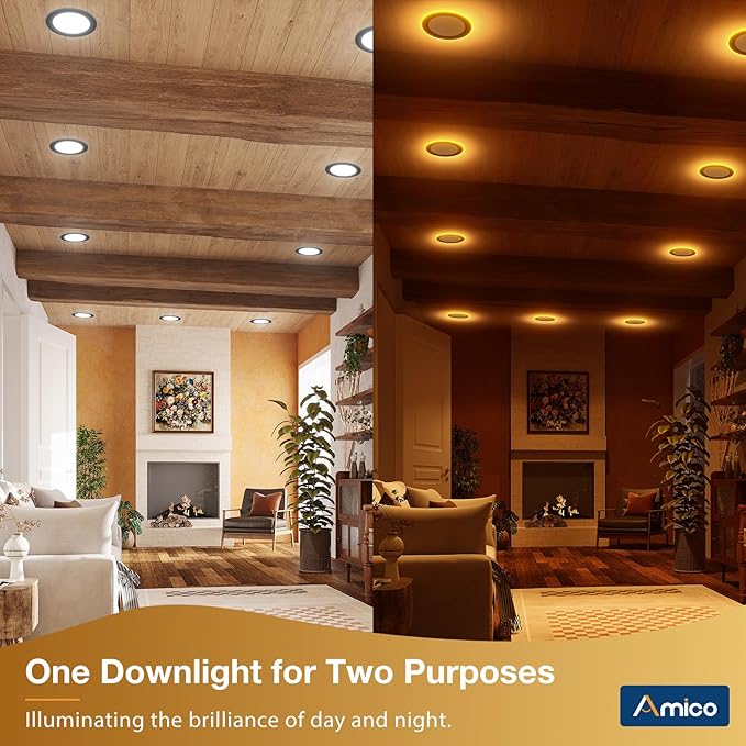 Amico 4 Pack Black 6 Inch 5CCT LED Recessed Ceiling Light with Night Light, 2700K-5000K Selectable Ultra-Thin Recessed Lighting, 12W=110W, 1100LM, Dimmable Canless Wafer Downlight ETL&FCC