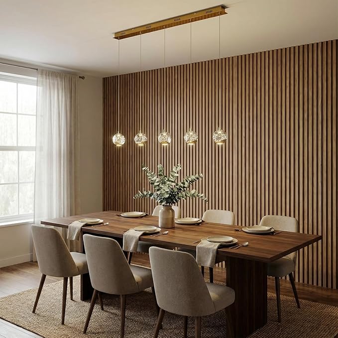 37.8" LED Linear Pendant Light Fixtures, 5-Light Gold Linear Chandelier with Bubble Glass Globes, LED 3000K Warm White, Modern Island Lights for Kitchen Living Room Ceiling Hanging, Hardwired