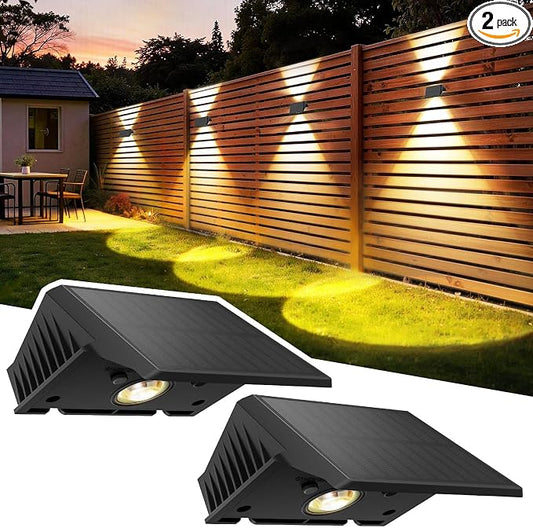 Solar Fence Lights Outdoor, 2 Pack Solar Up Down Wall Lights for Outside, IP67 Fence Lights Solar Powered Dusk to Dawn Auto-Work for Patio Garden Backyard Porch Deck Pathway Step (Warm-White)