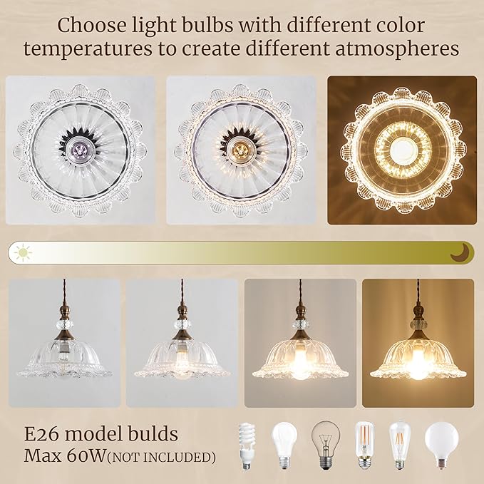 Vintage Pendant Light Fixtures for Kitchen Island Brass Gold 10.6" Glass Small Pendant Lights Adjustable Hanging Light for Hallway Porch Sink Table