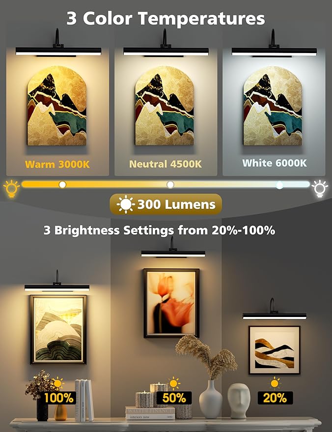 VOLISUN Picture Lights for Wall, 13 inch Rechargable Picture Light Battery Operated, 3 Color Temperatures Cordless Picture Light with Remote, Art Light for Paintings, Gallery, Portrait, 2 Pack (Black)