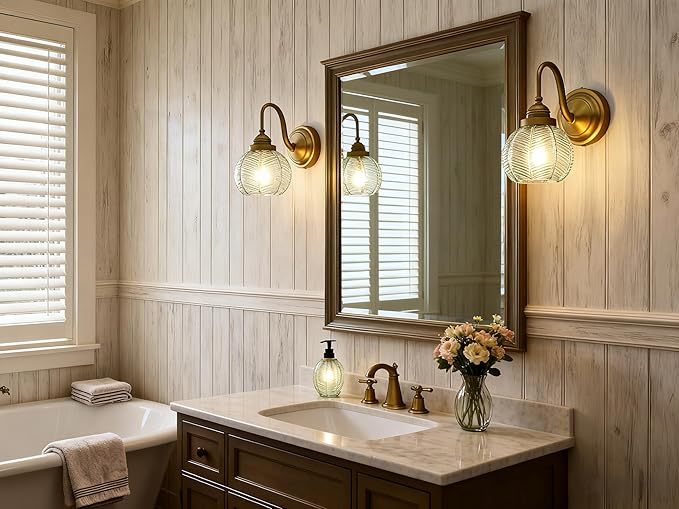PERMO Vintage Wall Sconce with Clear Ribbed Glass Shade Retro Gold Sconce Bronze Bathroom Wall Light for Loft Kitchen Living Room Bedroom Hallway Doorway