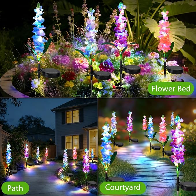 4 Pack Color Changing Solar Lights Delphinium Flower Decorative Lights | Auto ON/Off,Outdoor Waterproof,Garden Lights for Spring Lawn Pathway Landscape Birthday Gifts for Mom Women Grandma