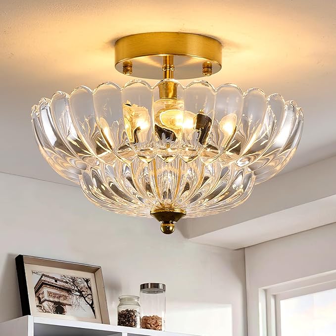 Gold Semi Flush Mount Ceiling Light, 12" Crystal Glass Vintage Light Fixture with E26 Base, 3-Light Modern Close to Ceiling Lamp for Bedroom Hallway Entryway Kitchen