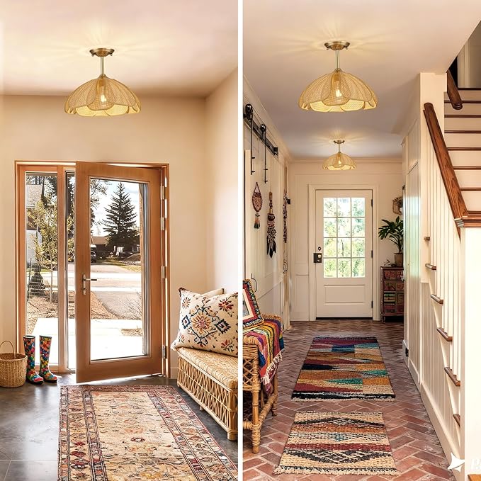 14" Boho Rattan Ceiling Light Fixture, Gold Semi Flush Mount Wicker Lamp with Hand-Woven Petal Shade, Modern Rustic Bohemian Lighting for Bedroom Living Room Kitchen Dining Room Hallway